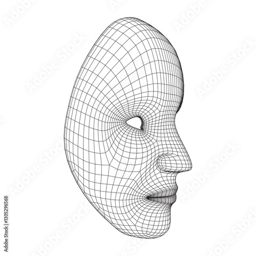 3D wireframe model of a human face mask, displaying geometric grid patterns and symmetry. Ideal for digital art, virtual reality, and character design concepts