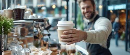 A smiling barista hands a customer a takeaway coffee cup, embodying a cheerful exchange in a friendly café setting.
