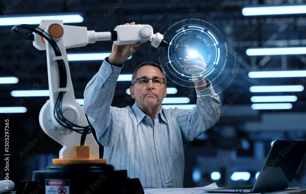 Engineer Adjusting Robotic Arm for AI-Powered Automation