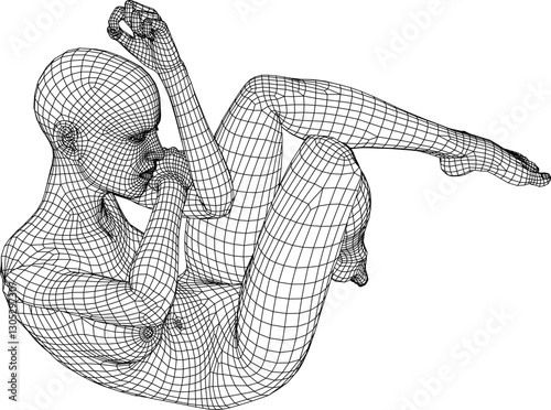 Wireframe model of a human figure in fetal position, showcasing intricate mesh detailing. Ideal for 3D design, digital art, anatomy studies, or technical illustrations