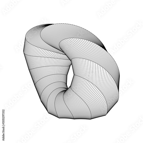 Monochrome Wireframe rendering of a twisted torus shape. A geometric futuristic and abstract 3D design perfect for mathematics architecture and digital art concepts