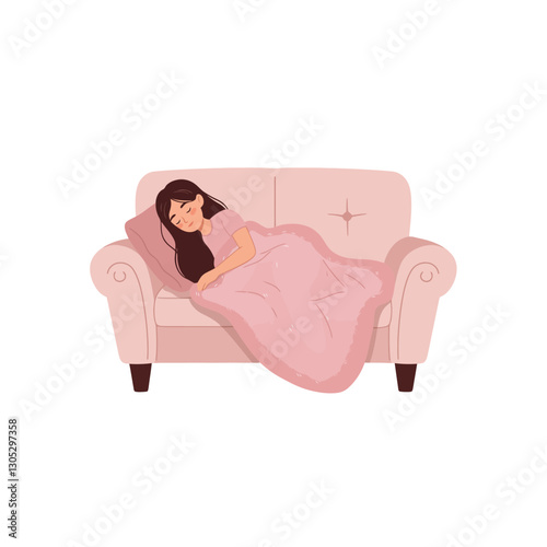 Woman Sleeping Peacefully on Sofa with Blanket Relaxing Indoors