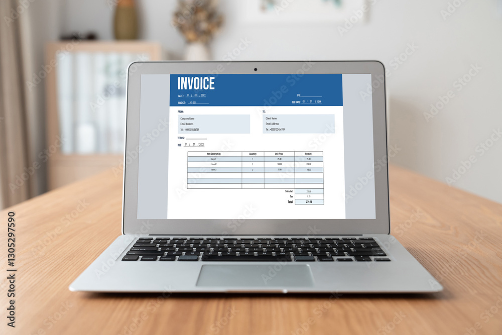 Invoice on computer screen from accounting application. Computer program for financial and budget of corporate business. Snugly.