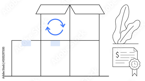 Open package box with circular arrows, two smaller boxes, document with stamp, leafy plant for eco-friendly, e-commerce, sustainability, logistics, shipping, refund process flat simple metaphor