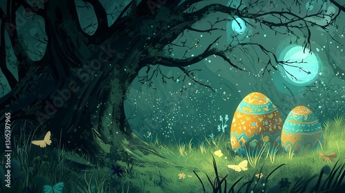 Mystical night scene with glowing eggs under moonlight photo