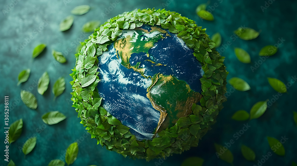 Fototapeta premium Earth encircled by leaves on teal background