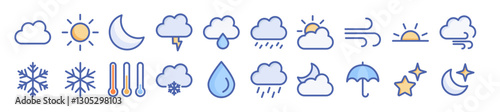 colored thick rounded line icon set weather climate clouds sun temperature