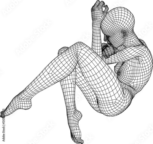 Wireframe model of a human figure in fetal position, showcasing intricate mesh detailing. Ideal for 3D design, digital art, anatomy studies, or technical illustrations