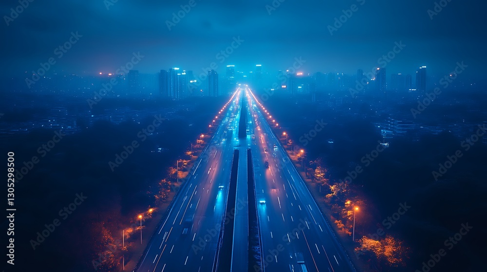 Obraz premium Highway Traffic at Night, City Skyline View