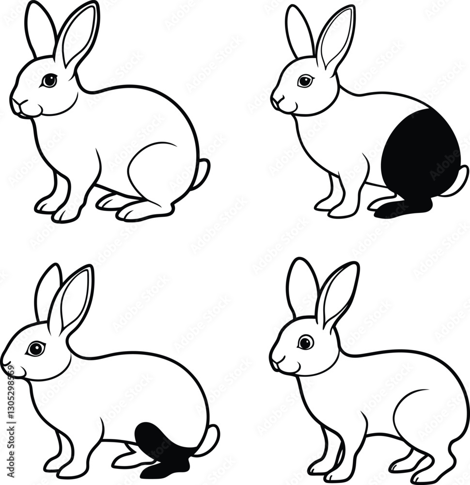 Fototapeta premium Rabbit Outline Illustration Set Cute Bunny Line Art Collection