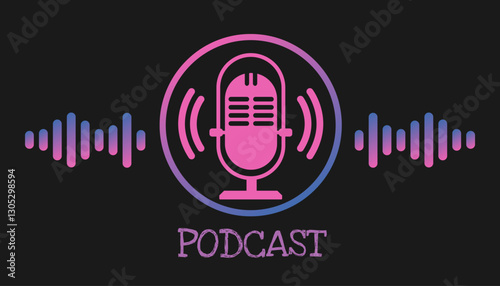 Podcast on air pink poster isolated on dark background. podcast publication or cover, radio logo icon. Radio and voice. Vector illustrations