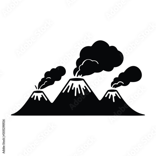 Black Silhouette Volcano Vector Eruption with fire Explosion Design ,Three Volcanoes in Eruption