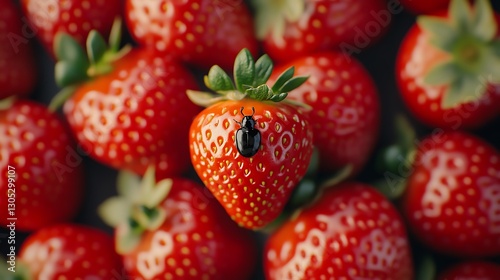 Beetle on strawberry, focus on insect with blurred fruit backdrop. Use for organics, farming, freshness