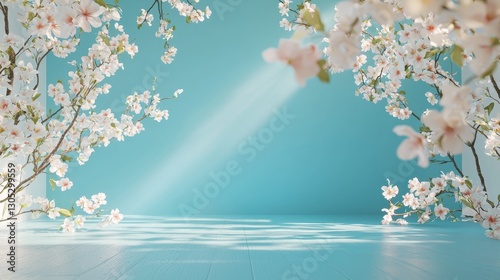 Serene Spring Blossom Haven: A Teal Room Filled with Delicate Cherry Blossoms