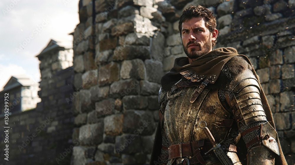 A medieval knight in full armor standing confidently by ancient stone walls, exuding power and determination, perfect for themes of battle, strength, and historical fiction