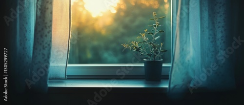 Delicate curtains frame a window with a pot plant, letting in soft morning light and evoking a tranquil start to the day.