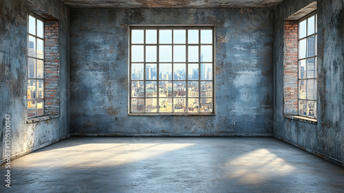 Empty urban loft room with city view