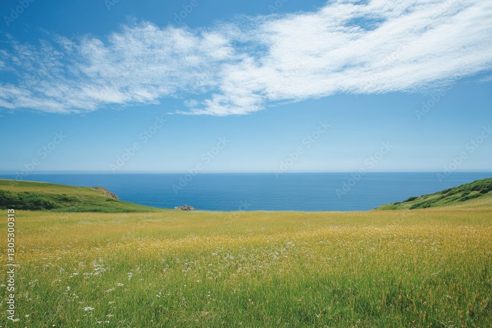 Obraz premium Vibrant green meadow overlooking serene blue ocean under a clear sky at midday