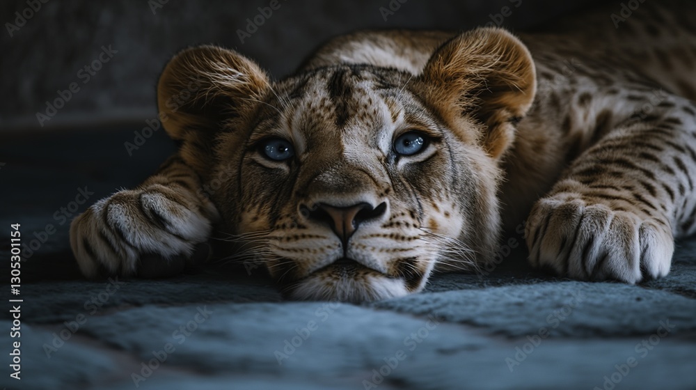Fototapeta premium Resting Lion Cub with Blue Eyes – Majestic Wildlife Photography