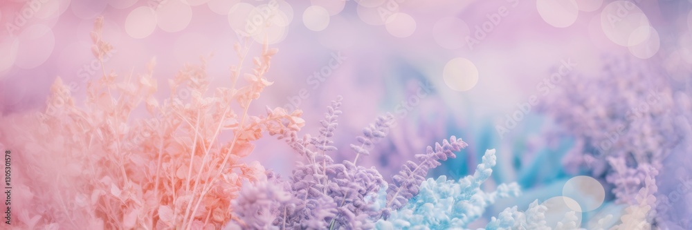 Obraz premium A banner in pastel colors with a blurred background, similar to a sideboard with space for text. The foreground consists of a delicate combination of light pink, lavender and pale blue shades.