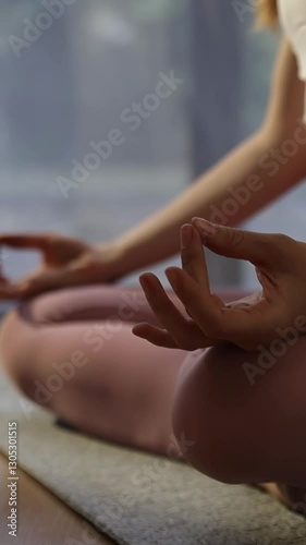 Wallpaper Mural A peaceful scene of a woman practicing mindfulness in lotus position on a yoga mat, bathed in natural light for a calming atmosphere.  Torontodigital.ca