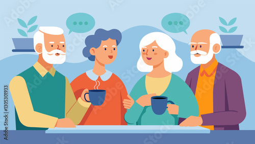 Two retired couples discussing their retirement goals over coffee during a break at the planning seminar.. Vector illustration