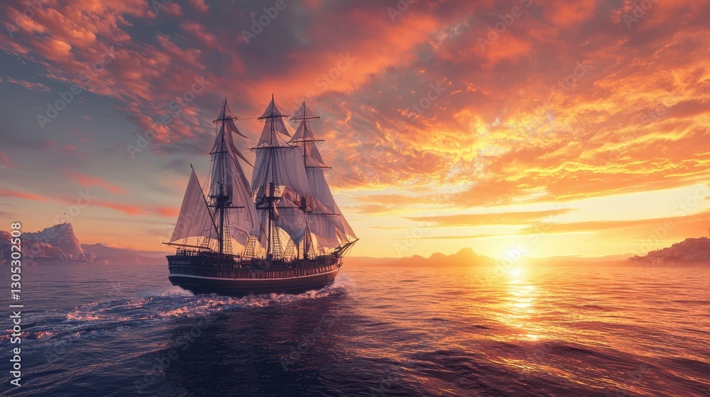 Obraz premium A large ship sails through the ocean at sunset