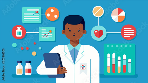 Through the analysis of big data a patients unique set of biomarkers is identified and utilized to tailor a medication regimen specific to their disease.. Vector illustration