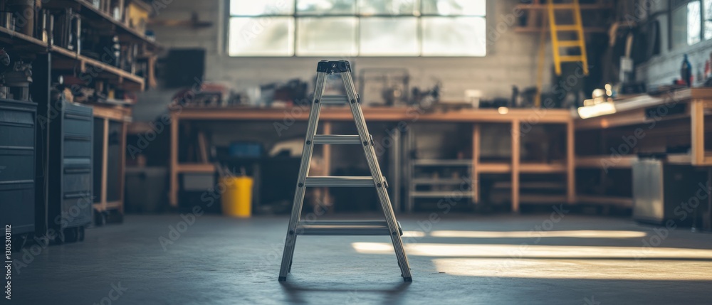 A sunlit workshop with a central ladder, inviting creativity and industrious endeavors in a serene and well-organized space. A sunlit workshop with a central ladder, inviting creativity and industrious endeavors in a serene and well-organized space.