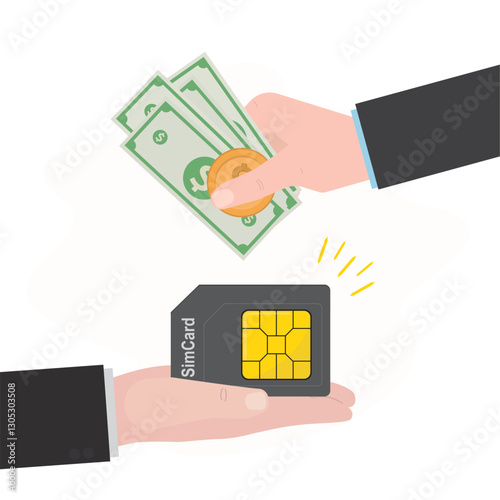 Seller hand give standard simcard with fast mobile tariff. Buyer hand give payment for sim card chip. Mobile communication technology, shopping process.