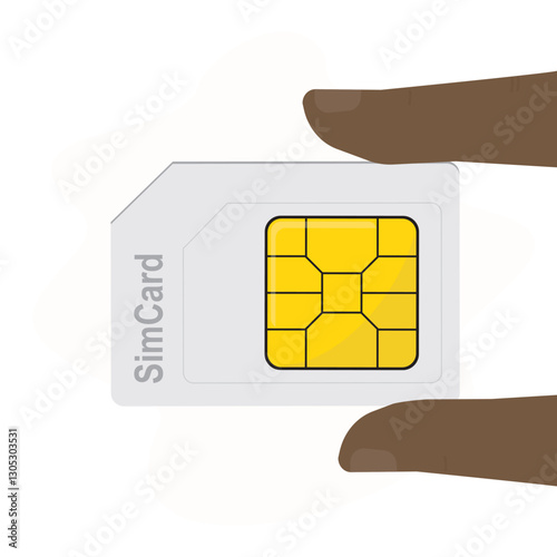 Human fingers holding sim card. cartoon design isolated on white background. Mobile element, communication. Fingers closeup, standard SIM card.
