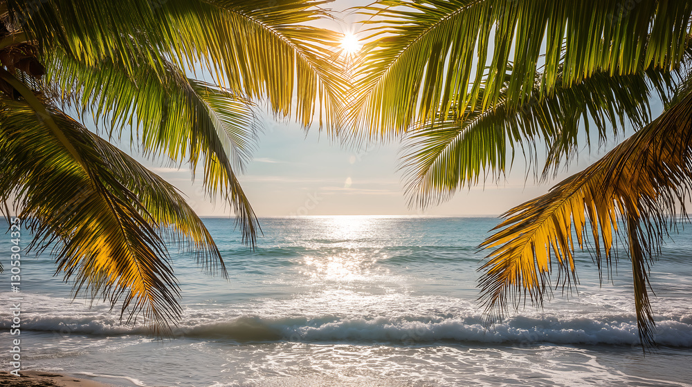 Fototapeta premium Tropical beach with palm leaves and great copy space for Summer.