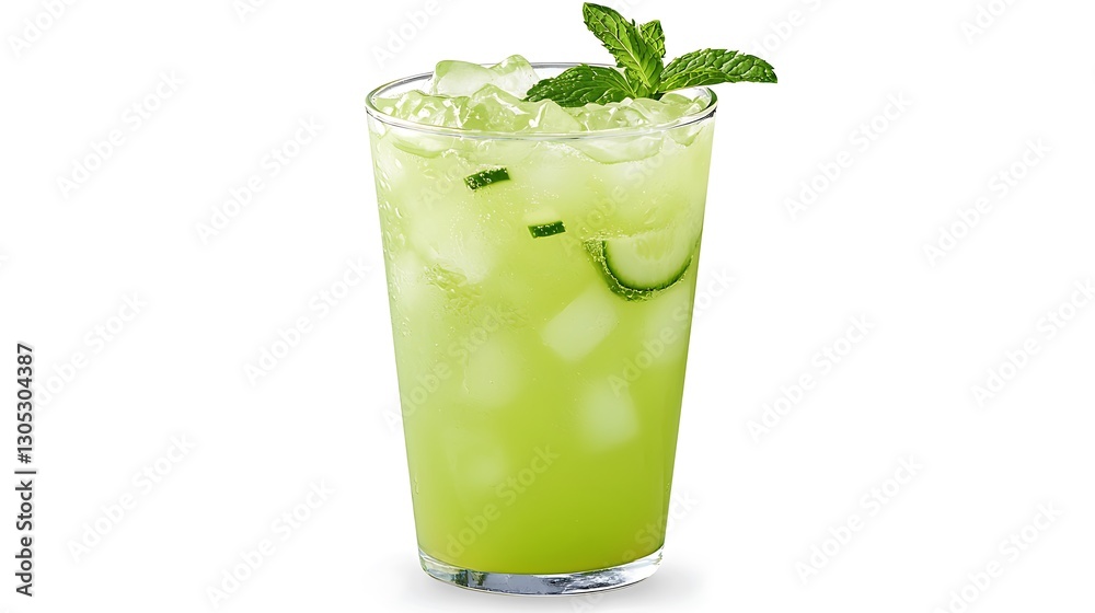 A glass of green liquid with a slice of cucumber on top A glass of green liquid with a slice of cucumber on top