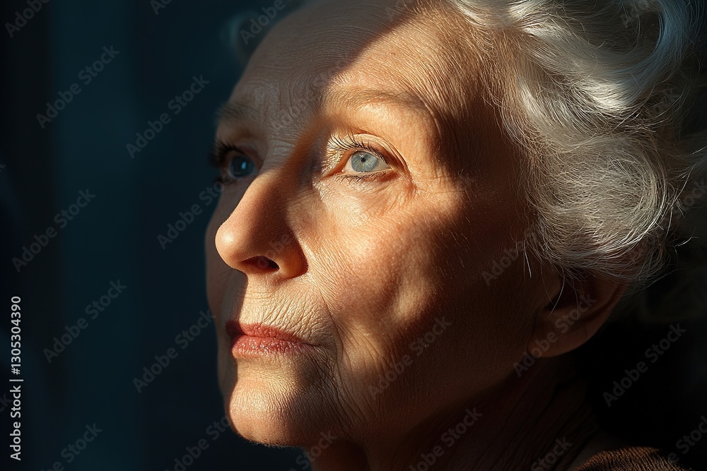A portrait captures the essence of an elderly woman adorned with delicate golden brushstrokes. Soft cinematic lighting enhances her features against a neutral backdrop, creating an elegant atmosphere