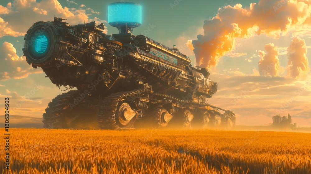 Fototapeta premium Futuristic harvester gathering crops in a wheat field at sunset. Generative ai illustrations