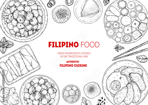 Filipino food top view vector illustration. Food menu design template. Hand drawn sketch. Filipino food menu. Vintage style.