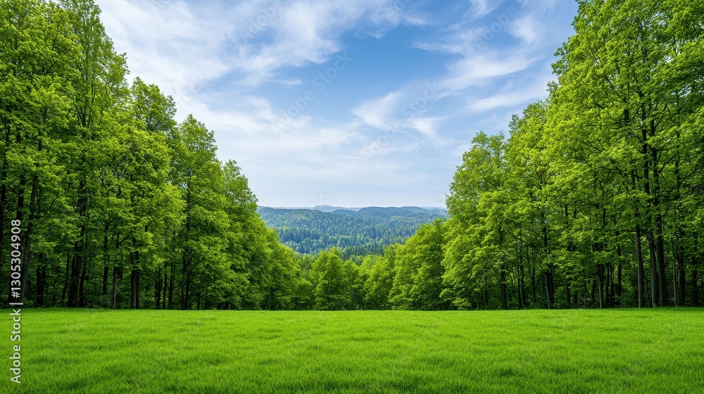 Obraz premium Carbon Forest Preservation Concept, Expansive Green Forest Area Under Blue Sky for Conservation and Carbon Offsetting Initiatives