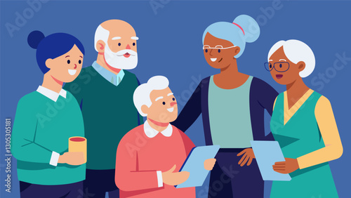 Retirees serve as mentors for their peers providing support and guidance during the transition into retirement.. Vector illustration