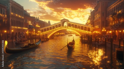 Gondolas passing under rialto bridge in futuristic venice at sunset. Generative ai illustrations