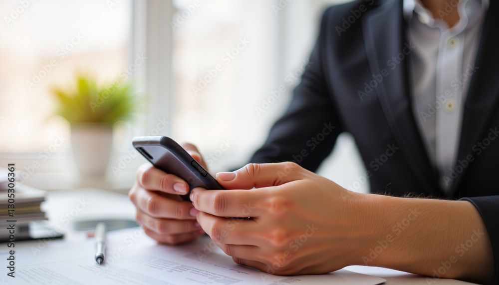 Job seeker checking emails on smartphone in office workspace, opportunity Job seeker checking emails on smartphone in office workspace, opportunity