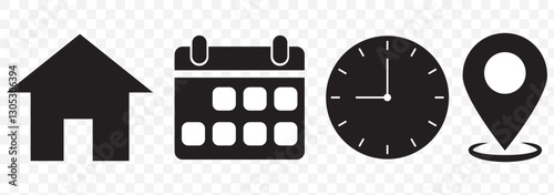 place, time and date icon set. position, clock and calendar symbol. business vector design. location, time and date icon for app, ui and website. vector illustration on transparent background. EPS 10.