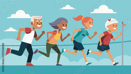 With the wind at their backs a group of boomers push through the last stretch of a marathon their determination and perseverance evident on their faces.. Vector illustration