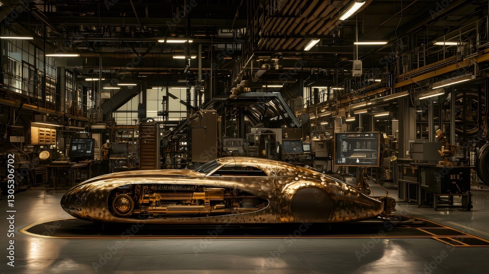 Fototapeta premium Retrofuturistic golden car displayed in assembly factory. Generative ai illustrations