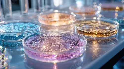 A group of glass beakers with different colored liquids in them