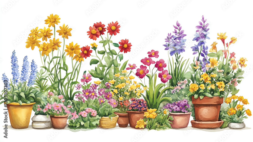 A vibrant collection of various flower pots overflowing with colorful blooms A vibrant collection of various flower pots overflowing with colorful blooms