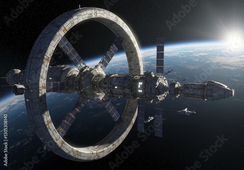 A futuristic space station orbiting Earth with advanced technology.


