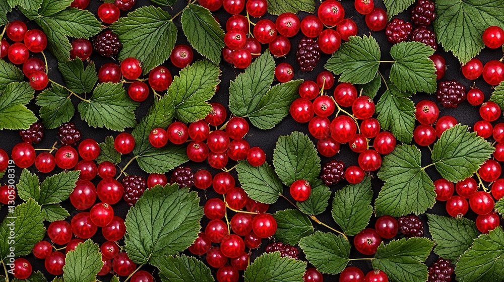 A black surface adorned with red berries and green leaves, showcasing nature's beauty A black surface adorned with red berries and green leaves, showcasing nature's beauty