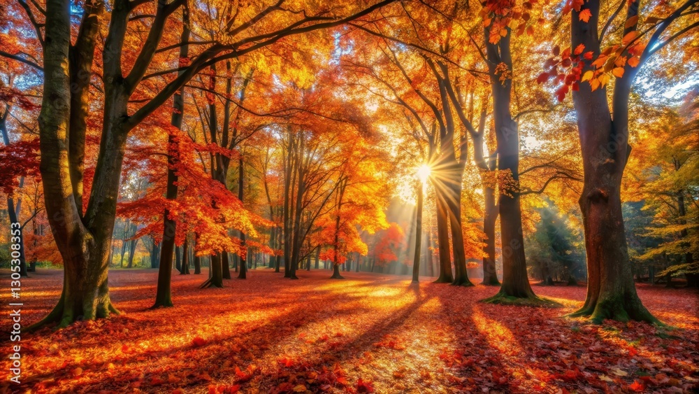 Naklejka premium Autumnal Sunlight Illuminates a Canopy of Golden and Red Leaves in a Picturesque Woodland Scene