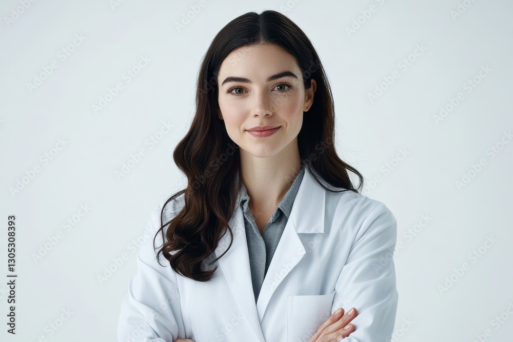 Medical professional in a white lab coat looking confidently at the camera with arms crossed in a neutral setting Medical professional in a white lab coat looking confidently at the camera with arms crossed in a neutral setting