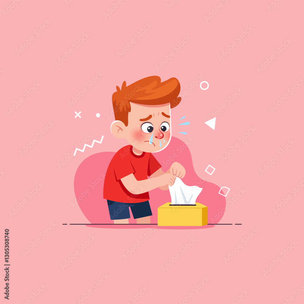 Cartoon Boy Suffering From Cold Taking Tissue From Box Cartoon Boy Suffering From Cold Taking Tissue From Box